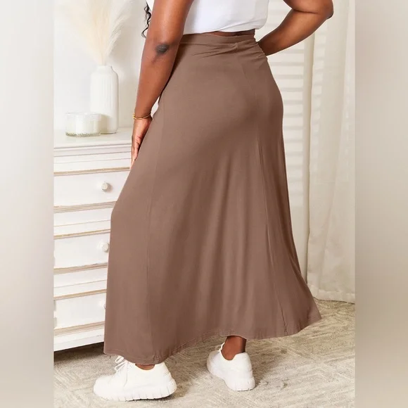 NEW Double Take PLUS + REG Size Flared Tie Waist Ultra Soft Maxi Skirt in Brown - Picture 2 of 4